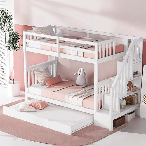 Sapgaks Hüttenbett für Kinder, 140 x 200 cm, Etagenbett für Kinder, sturzsicher, Hochbett, 2-Sitzer, 140 x 200 cm, Treppenregal, hohes Geländer, zertifiziert nach EN747-1, Weiß