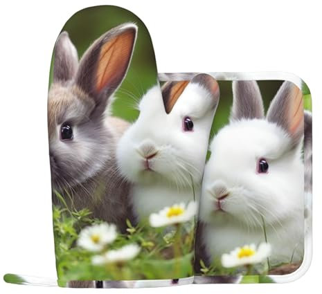 Lot de 2 maniques et maniques en silicone antidérapant et résistant à la chaleur - Motif lapin mignon