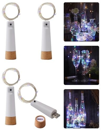 tuhood Wine Bottle Lights with Cork, 4 Pack 20 LEDs Rechargeable Bottle Lights for Liquor Bottles, Multi-Light Mode Fairy Lights,for Halloween Decorations Indoor, Wedding Décor Multi