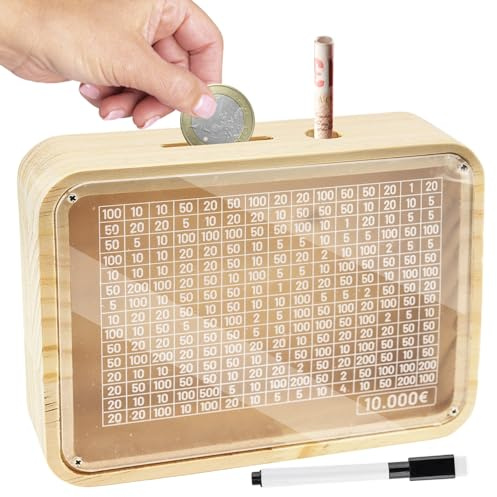 Spardose Holz, Sparbox mit Sparziel und Zahlen zum Ankreuzen, Spardose Sparbox mit Zahlen, with Ziel, €10,000 Euro Keine Montage Sparschwein für Hilft Erwachsene und Kinder Die Gewohnheit zum Sparen
