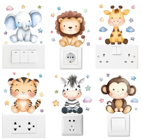 AHANDMAKER 6 calcomanías para interruptor de luz de dibujos animados, león, elefante, jirafa, tigre, cebra, mono, calcomanías para interruptor de luz para guardería, dormitorio, repisa, vehículo y