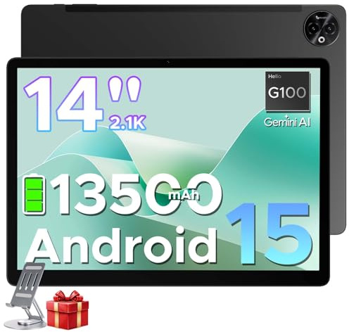 DOOGEE Tab E3 Max 2.1K Tablet 14 Pollici, 32GB+256GB(2TB TF), 13500mAh Batteria Tablet Android 15, MTK G100 Octa-Core Gaming Tablets, Dual SIM 4G LTE+5G WiFi, 16MP/BT5.2/3.5MM/GMS/4 Speakers, Nero