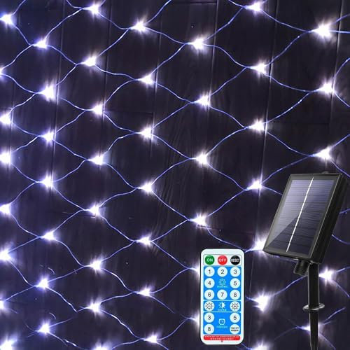 DINOWIN 96LED Solar Lichternetz 1,5x1,5M Lichterkette mit Fernbedienung 8 Modi IP65 Wasserdicht für Garten Weihnachten Hochzeit Party Dekoration Fenster Büsche Terrasse (Weiß)