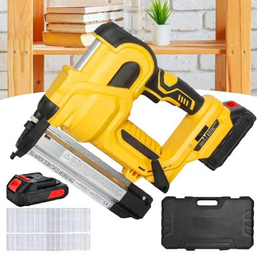 pedenencelia Cloueuse sans Fil,Cloueuse Électrique,pour Projet De Bricolage De Tapisserie Et De Travail du Bois,Clou en U/Clou Droit,Double Indicateur LED,avec Gants,1 Batterie Et 400 Clous,Yellow