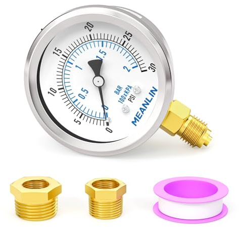 MEANLIN MEASURE 0~30Psi/0~2BAR Dry Pressure Gauge Stainless Steel 1/4 BSP 2 FACE DIAL Waterproof for Well Pump Water Tire Water Pressure Tester Lower Mount, with 1/2 BSP and 3/8 BSP Hex Bushing