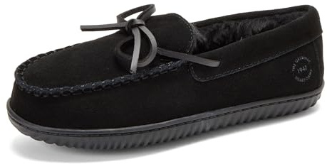Dearfoams Women's Harriet Genuine Suede Moc, Black, 8