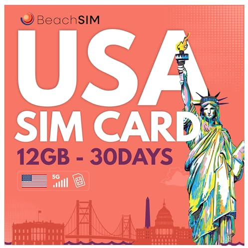BeachSIM Carte SIM USA 30 Jours. 12GB de données à des Vitesses 4G/5G. Carte SIM Data prépayée. Activation Rapide. Recharge Facile. Fonctionne avec Les appareils iOS et Android.