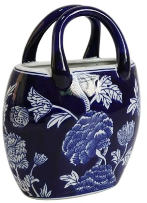 Ceramic Purse Vase for Flowers, Cute Handbag, Vintage Blue and White Floral Rustic Farmhouse Vase for Living Room, Kitchen, Bedroom, Chinoiserie Decor, Women Girls