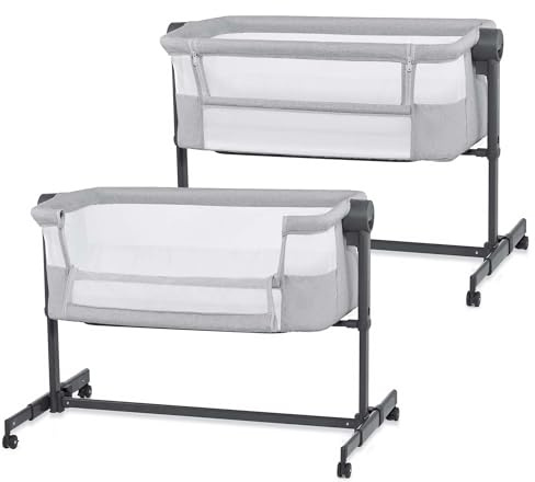 Kinderkraft Nestee UP 2 Cuna Colecho para Bebé con Colchón, Cuna de Cabecera, Fácil Ajuste de Cama de Padres, Ajuste de Altura, Buena Circulación de Aire, Ruedas transportarás, Gris Cloro
