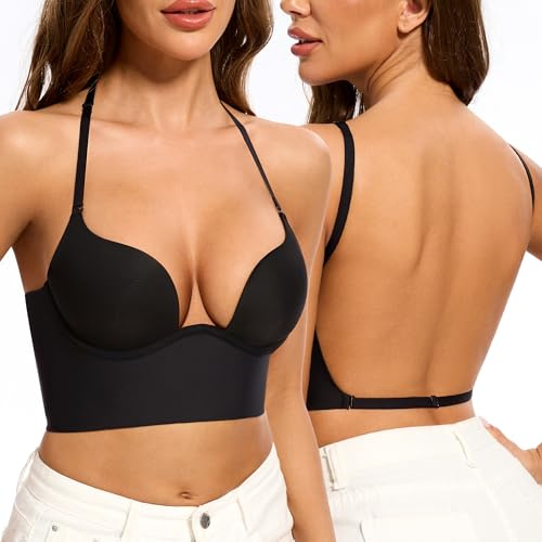 Low Back Bras for Women-Invisible Backless Bra-Seamless Secret Plunge Bra Lightly Lined Open Back Multiway Halter Bras(Black, 36DD)
