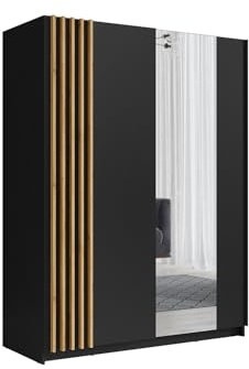 Vente-unique - Armoire 2 Portes coulissantes - avec Miroir - L150 cm - Noir et Naturel - CALELA
