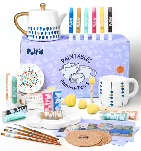 Pott’d Paintables Service à Thé à Peindre - Peinture sur Céramique pour Adultes avec Théière, Tasse, Sous-Verres, Peintures, Pinceaux, Éponges, Palette et Guide, Idéal pour Débutant et Amateurs de Thé