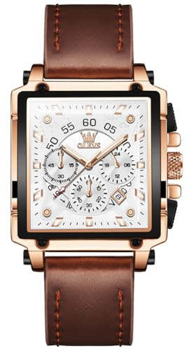 OLEVS Montre chronographe à Quartz Japonais pour Homme Classique et élégante - avec Date - Étanche - Cadeau pour Homme, 9919 Cuir Marron, plaqué Or Rose, Blanc