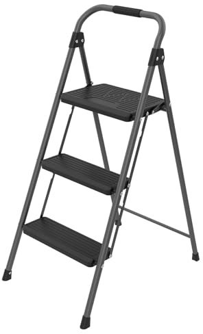 Azuma 3 Step Steel Ladder – Grey – with Anti-Slip Handrail, Wide Top Platform, Folding Design, Powder-Coated Frame – Ideal for Home, DIY, Decorating, Garage – EN14183 Certified