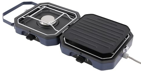 Donened - Fornello a gas a 2 fuochi, per esterni, da campeggio con padella, pieghevole e portatile, per barbecue all'aperto, trekking, camper, 24 x 23 x 14,5 cm