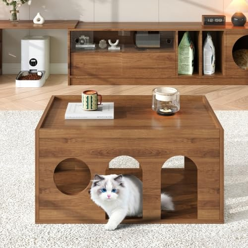 ZKLOEP Mesa de centro de nogal apta para mascotas, con agujeros para gatos, 80 x 50 x 40 cm, acabado de nogal natural, perfecta para la sala de estar moderna y la interacción entre personas y animales