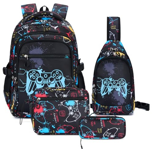 Amythe Zaino Ragazzi - Scuola Elementare e Media - Set Completo con Borsa Petto, Borza Pranzo & Astuccio – Zaino Adolescenti Grande Leggero Impermeabile per Scuola & Viaggi, Nero