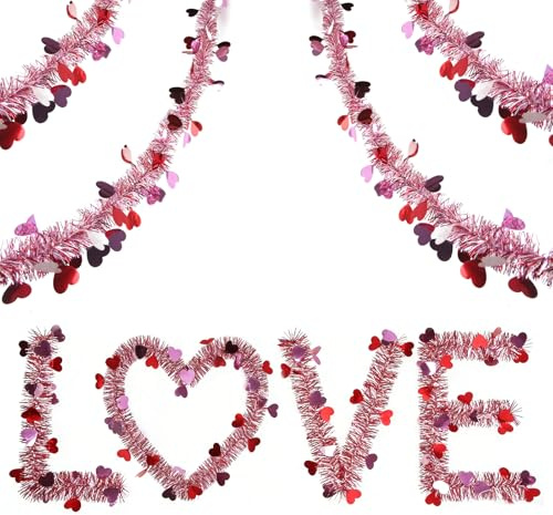 Lametta Girlande Liebe Rosa 12m Girlande Rosa mit Hängendem Herz Tinsel Garland für Valentinstag, Festliche, Hochzeitsdekorationen