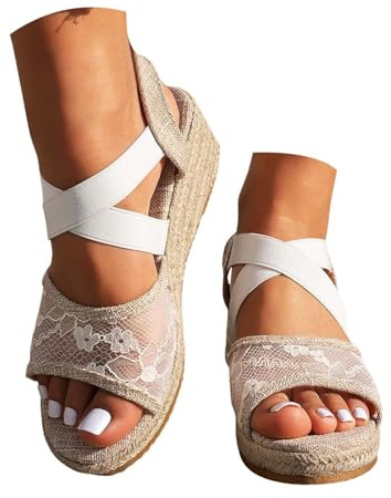Plattformssandaler kvinnor sommar dressy Espadrille kilar plattform casual högklackade öppen tå sandal sommar ledig plattform bohemisk slip-on kil sandal med elastisk ankelrem promenadskor, A vit, 40