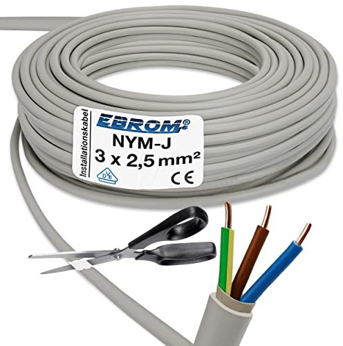 EBROM NYM-J 3 x 2,5 mm² – Cable de instalación – Cable de instalación – Cable para ambientes húmedos – Gris – Selección en incrementos de 1 metro – Se vende por metros exactamente – Su selección: