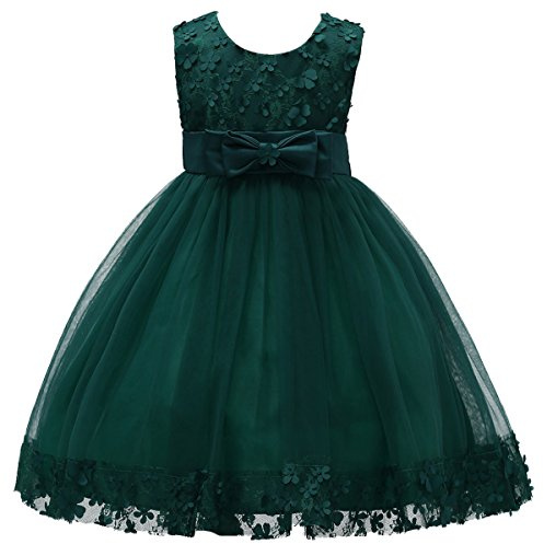 IMEKIS Vestido de Princesa de las Niñas Flor Vestidos de Novia Dama de Honor Cumpleaños Bautizo Ceremonia Fiesta de Encaje Tutu Sin Mangas Bowknot Vestido de Baile Formal 2-11 Años, verde oscuro, 5-6