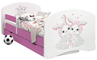 Happy Babies - Dubbelsidig rosa barnsäng med skolavslutning modern design med säkra kanter och fallskydd skummadrass 7 cm (58:e förälskade kaniner, 140 x 70)
