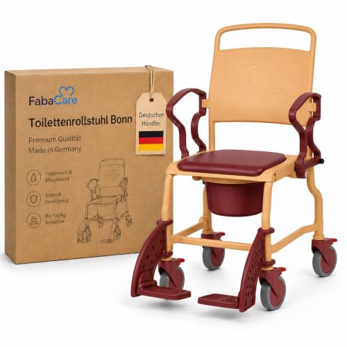 FabaCare Toilettenrollstuhl Bonn Premium Made in Germany, WC-Rollstuhl mit Eimer, abschwenkbaren Armlehnen, überfahrbar,bis 130 kg, Terracotta-Rubinrot