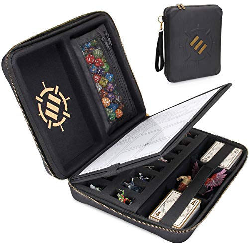 ENHANCE RPG Organizer Case - DND Binder with Built-in Character Sheet Holder and Erasable Scribe Panel, Dice Rolling Area, Removable Pen Pouch, Miniature Foam Tray, Wrist Strap, and More (Black)