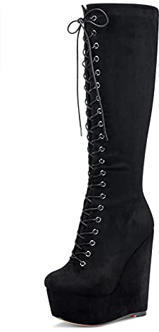 NobleOnly Zapatos de Tacón Mujer Altura de Pantorrilla Plataforma Cuña Botas 16CM Wedge High Heels Negro Ante Zapatos EU 40