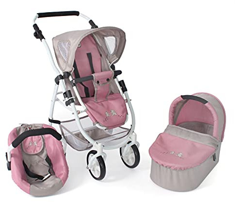 Puppenwagen Emotion All In, 3in1 Puppenwagen-Set bestehend aus Babywanne, Sportsitz und Autositz, Bärchen, Rosa