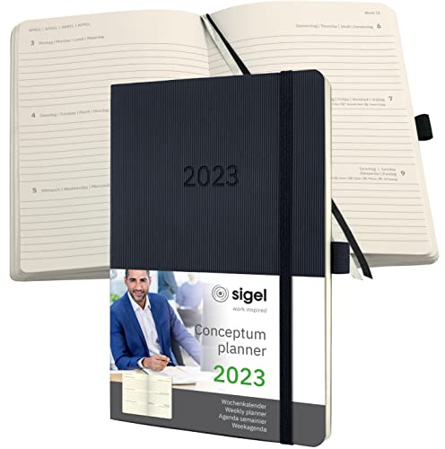 SIGEL C2322 Terminplaner Wochenkalender 2023 - ca. A5 - schwarz - Softcover - 192 Seiten - Gummiband, Stiftschlaufe, Archivtasche - PEFC-zertifiziert - Conceptum