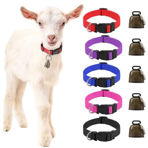GINDOOR Ziegenhalsbänder mit Glöckchen, Kuh, Pferd, Schaf, Weideglocken aus Kupfer und verstellbarem Nylon-Halsband, für Haustiere, Anti-Lost, laute Bronze-Glocke, Zubehör, 5 Stück