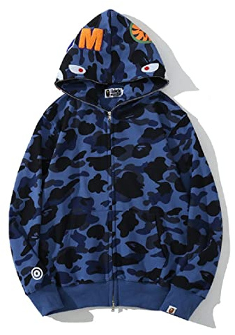 Yumenam Uomo Felpa con Cappuccio Stampa Testa di Squalo Cerniera Giacca con Cappuccio Cardigan Manica Lunga Hip Hop Tops Sweatshirt Camouflage Cappotto con Cappuccio