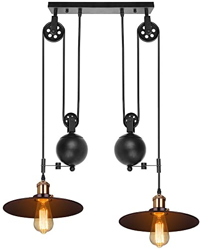 iDEGU Lámpara de Techo Vintage, 2 Luces Lámpara Colgante Negro Diseño Industrial con Sistema de Poleas de Metal Regulable Lámpara de Araña para Comedor, Salón, Cocina, Restaurante