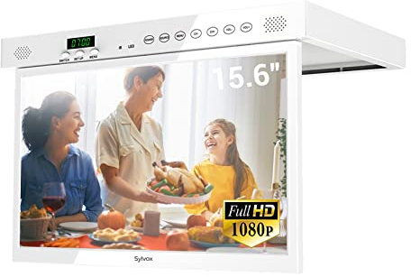SYLVOX 15.6 Pollici TV per Cucina Ribaltabile, Mini Smart Google Televisore 1080P FHD - 12V Pieghevole a 90°, Girevole ± 180° | DVB-T2/S2 | USB | Kitchen Televisione per Camper, Camera - Bianco