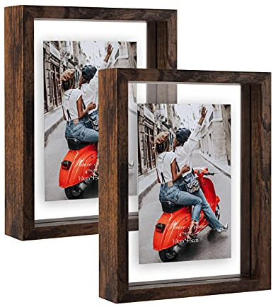 EXYGLO 2 Pack Glas Bilderrahmen 10x15 cm, Doppelglas Schwimmende Fotorahmen für Tisch- und Wandmontage, Zeigen Fotos bis zu 15x20 cm, Braun