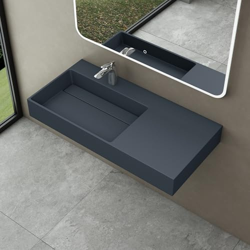 doporro Lavabo sobre Encimera o Suspendido 90x48x13 cm, Mármol Fundido Antracita Mate, Desagüe Oculto, Lavabo Izquierdo, Colossum12