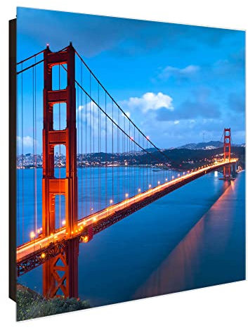 banjado Großer Schlüsselkasten Glas - Schlüsselbox 30x30cm mit 50 Haken - Schlüsselkasten modern für Schlüsselaufbewahrung mit beschreibbarer, magnetischer Glastür - Motiv Golden Gate