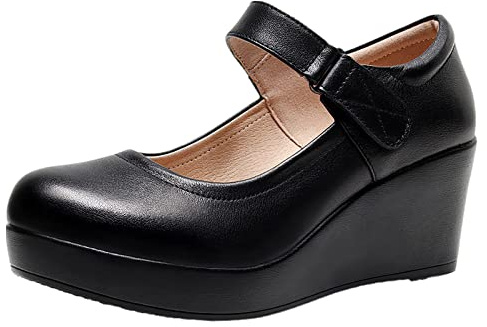 Jamron Women's High Platform 6CM Wedge Heel Mary Jane Shoes Hook&Loop Ankle Strap Leather Pumpss Black SN070281-1 UK4.5