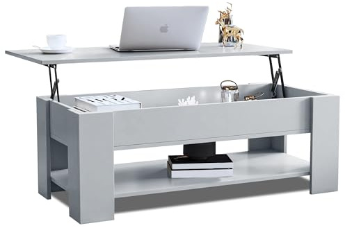 Blisswood Coffee Table, Lift Up Coffee Table For Living Room, Wooden Coffee Tables With Storage Large Hidden Storage Rectangular Lift-Top with1 Shelf Sofa End Tea Table, Grey, 120x60x(49.5-62.5) H cm