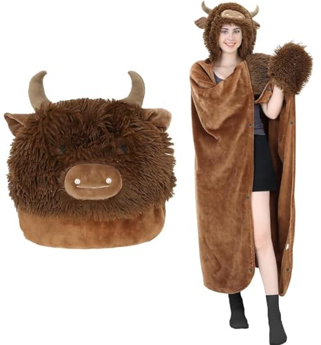 MSISILY Coperta con Maniche Donna, Coperta Indossabile Donna, Flanella Coperta Divano Highland Cow Regalo Divertente per Compleanno Natale 130 × 160 cm