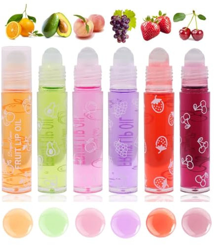 Baorder 6Pcs Roll-On Lip Gloss Set,Fruit Flavored Roll On Rollerball Lip Oil,Transparent Plumping Lip Gloss for Teens and Kids,Non Toxic Lip-Makeup Set
