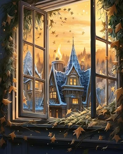 ZMHZMY Malen nach Zahlen Erwachsene,Schloss vor dem Fenster DIY Handgemalt Ölgemälde Kits auf Leinwand Geschenk für Weihnachten Geburtstag Home Haus Deko,40x50cm