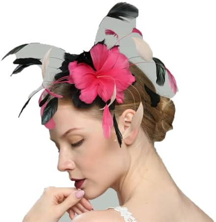 Fascinator für Damen, Fuchsia, schwarze Federn, Fascinator, Hüte, Hochzeit, Party, Kirche, Fuchsia und Schwarz, Einheitsgröße