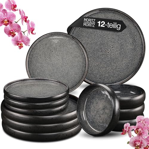 Moritz & Moritz Steingut Geschirrset 4 Personen, 12-tlg. - Anthrazit, Schüssel- und Teller Set aus robustem Steingut, Kombiservice Tafelservice 4 Personen - Serie Solid