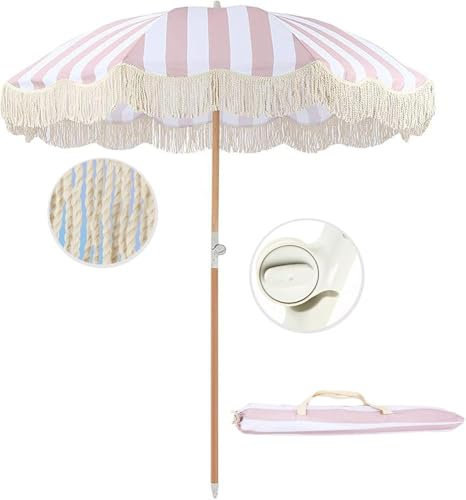 Wrobelax Pink Striped Parasol 2M Retro Luxury Beach Parasol Fringed Garden Umbrella Polyester Umbrella Surface,Wear-resistant Sunscreen,Seaside Courtyard Pool Shading