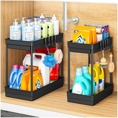 StowBin Küchen Organizer - 2 Pack Unter Waschbecken Regal mit 4 Haken &1 Tassen, Organizer Küche, Badezimmer Organizer