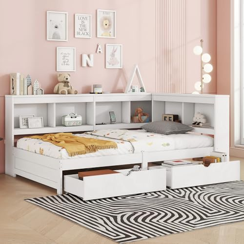 Rtopsu Kinderbett Schlafsofa Tagesbett 90x200 cm mit USB-Ladefunktion, Bett mit Stauraum Schubladen Bücherregal und Kopfteil, Sofabett Bettgestell mit Lattenrost aus Holz, Weiß, Ohne Matratze