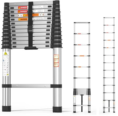 3.8m Telescopic Ladder Extendable 12.5ft Step Ladders Folding Workshop Loft DIY Extendable Ladder Steel Telescoping Ladder Max Load 150KG Capacity, More Sturdy and Durable than Aluminum Ladder