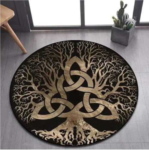 YANGECHEN Runder Teppich Viking Wikinger Baum des Lebens Runder Flächenteppich Teppich Teppich Für Wohnzimmer Schlafzimmer Sofa Spielzimmer Dekor rutschfeste Bodenmatte 120Cm